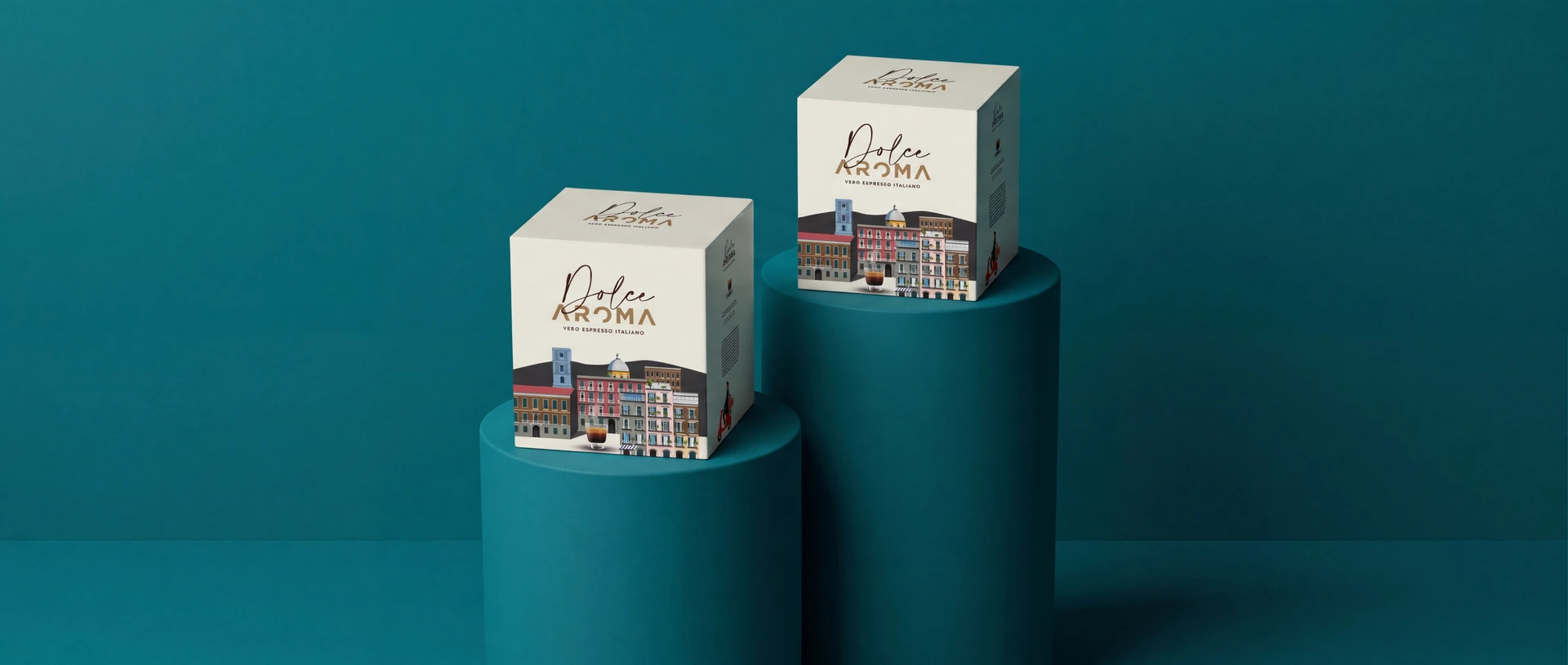 Dvije kutije Dolce Aroma kafe na postolju