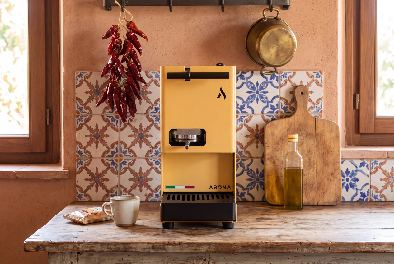 Aroma E.GO žuti aparat na stolu u kuhinji sa italijanskim stilom